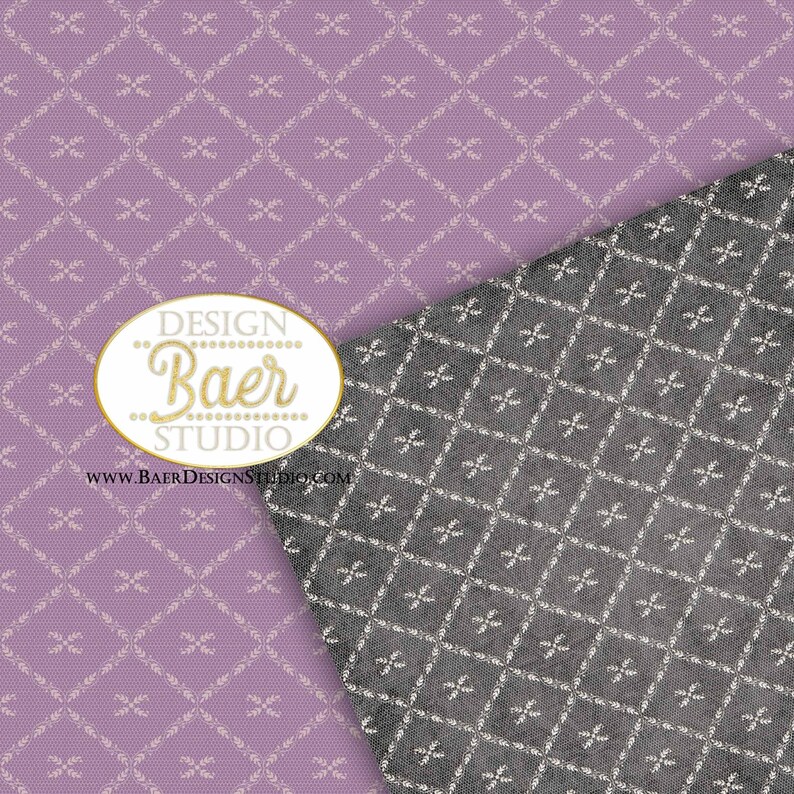 K&ouml;nnte beinhalten: Zwei digitale Papiermuster mit geometrischem Design. Das obere Muster ist helllila mit einem wei&szlig;en Design. Das untere Muster ist dunkelgrau mit einem wei&szlig;en Design. Der Text "DESIGN Baer STUDIO www.BAERDESIGNSTUDIO.COM" befindet sich in der Mitte des Bildes.