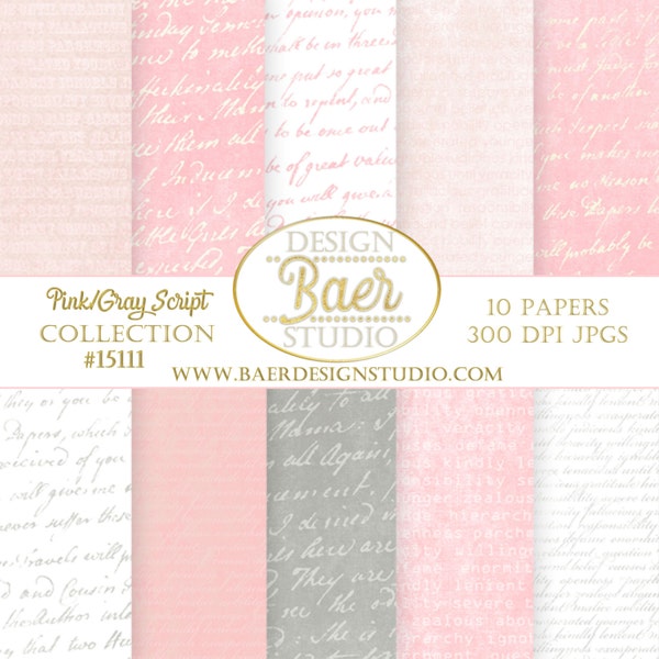 Digital Scrapbook Paper:Pink Digital Paper, Pink and Gray Script Digital Paper, Gray Script Digital Paper, Valentines Digital Paper Pack