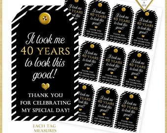 40. Geburtstag Danke Geschenkanhänger: Schwarz - Gold Gastgeschenke (Digitaler Download)