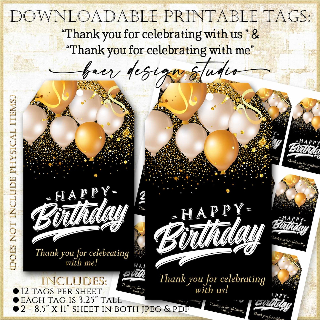 Black and Gold Balloons Birthday Gift Bag Tags Printable (digital ...