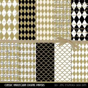 Black Harlequin Digital Paper White and Gold Harlequin Digital Paper, Ivory and Gold Script Digital Paper, Harlequin decoupage paper