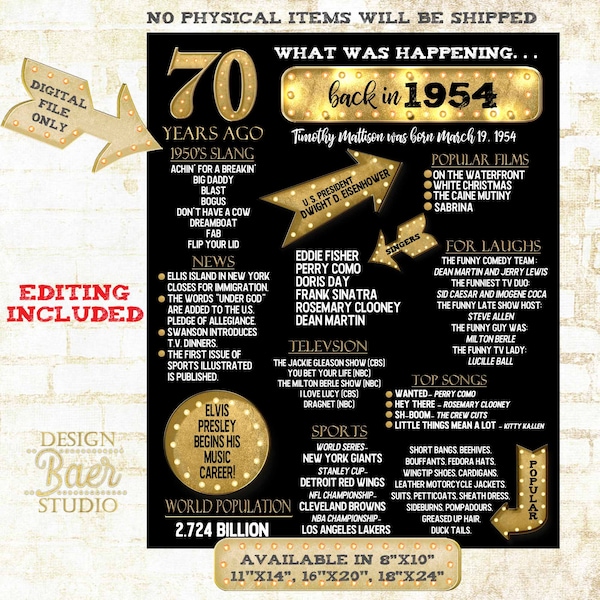 Black and Gold 70th birthday Sign|What was happening back in 1954 sign|70th birthday sign printable|Made-to-Order 70th birthday card