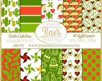 Papier numérique Taco : arrière-plans de cactus, motifs d'avocat (téléchargement numérique)