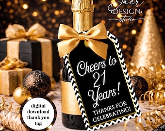21st Birthday Tags: Thank you Tag, Cheers to 21 Years Printable (Digital)
