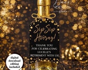 Black and Gold mini wine tags retirement, birthday: Sip Sip Hooray (Printable Download)