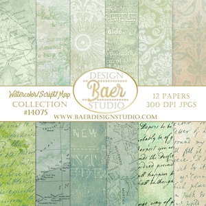 Papel digital con mapa de acuarela, papel digital con mapa vintage, papel digital con escritura azul y verde, fondo digital para diario basura 14075