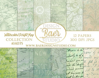 Map Digital Paper Watercolour: Vintage Script, Blue & Green (Digital Download)