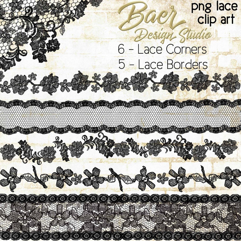 Lace Clipart:Black Lace Clip Art, Lace Clipart Borders, Halloween Clipart, Black Lace Digital Corners, Black Lace Overlay, 16024 image 1