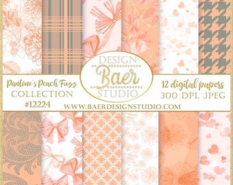 Pantone Peach Fuzz Digital Paper, Peach and Gray Digital Scrapbook Paper, Peach Houndtooth Background, Bows Digital Paper, 12224