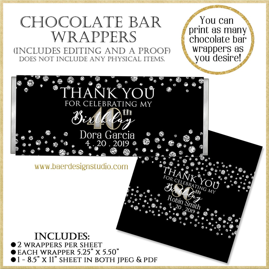 Printable Wrapper, Black and Silver Chocolate Bar Wrappers, Thank You ...