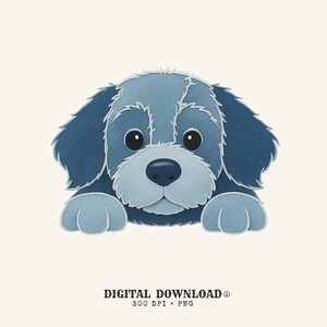 May include: A digital illustration of a blue dog with large, dark eyes and floppy ears. The dog is rendered in a denim-like texture, with a light blue muzzle and paws. The words "DIGITAL DOWNLOAD" and "300 DPI + PNG" are printed at the bottom.