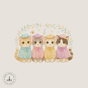 Può includere: Illustrazione ad acquerello di quattro adorabili gattini con giacche e baschi dai colori pastello. Ogni gattino ha un colore del mantello e una tonalità di giacca unici, con accenti floreali e farfalle. Un design affascinante e stravagante.