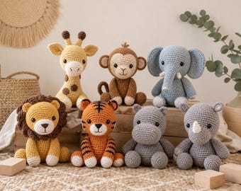 Baby Safari Animals Crochet Pattern Bundle | Amigurumi Lion Tiger Giraffe Elephant Monkey Hippo Rhino | Beginner Friendly Toy Set