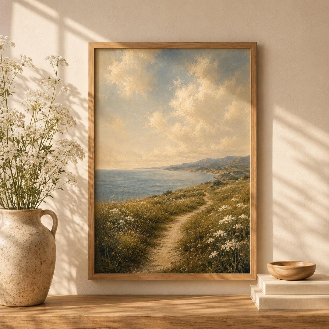 Mediterranean Coastal Landscape Printable Wall Art, Vintage Sea Path ...