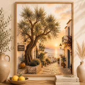 May include: A framed wall art print depicting a Mediterranean coastal scene at sunset. A large olive tree stands on a stone terrace beside a white building with a sign reading Olivea Taverna. A cobblestone path leads toward the sea.