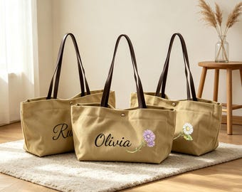 Personalized  Canvas Tote Bag with Leather Handles - Minimalist Everyday Shoulder Bag, Women Daily Bags,Premium Canvas Tote Bag