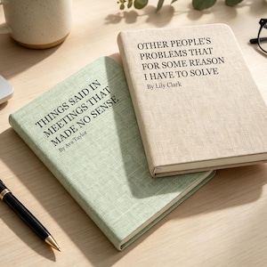 Peut inclure: Deux carnets à couverture rigide en tissu texturé. Le carnet vert clair porte le texte "THINGS SAID IN MEETINGS THAT MADE NO SENSE By Ava Taylor". Le carnet beige porte le texte "OTHER PEOPLE'S PROBLEMS THAT FOR SOME REASON I HAVE TO SOLVE By Lily Clark".