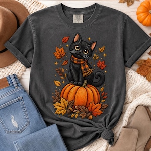 Könnte beinhalten: Ein anthrazitfarbenes Kurzarm-T-Shirt mit einer Grafik eines schwarzen Katers, der einen orange-schwarzen Schal trägt und auf einem großen orangefarbenen Kürbis sitzt, umgeben von Herbstblättern und kleinen Sternen, mit einem Comfort Colors Etikett.