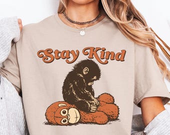 Stay Kind Monkey Shirt, Vintage Cute Monkey With Teddy Bear, Retro Kindness Quote, Positive Message Graphic Tee, Gift For Cute Animal Lovers