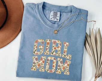Girl Mom Comfort Colors Tee, Retro Floral Mama Tshirt, Baby Shower Gift For Wife, New Mother Top, Cottagecore Clothing