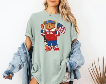 USA Winter 2026 Sweatshirt, Skiing Teddy Bear Crewneck, Italy Sports Sweater, Patriotic American Flag Top, Team Spirit Fan Gift
