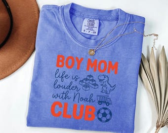 Custom Boy Mom Club Comfort Colors Shirt, Personalized Dinosaur Mama Tee, Graphic Toddler Mommy Top, Mothers Day Gift For Wife