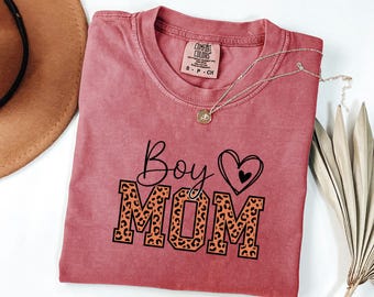 Boy Mom Comfort Colors Tee, Leopard Print Varsity Shirt, First Mothers Day Gift For Her, Retro Cheetah Mama Tshirt, Baby Shower Present