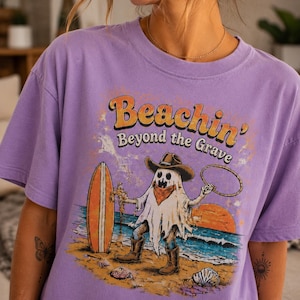Ghost Cowboy at the Beach Comfort Color Retro Vintage Beachin Beyond the Grave T Shirt Design