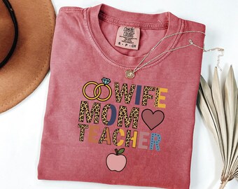 Wife Mom Teacher Shirt, Leopard Print Tee, Mothers Day Gift For Her, Retro Educator Tops, Back To School Clothing