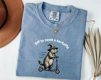 Funny Groundhog Comfort Colors Shirt, Off To Cause A Kerfuffle Graphic Tee, Vintage Woodcut Wizard Gopher, Sarcastic Unhinged Scooter Gift
