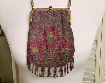 Art Deco French Beaded Mesh Floral Print Purse