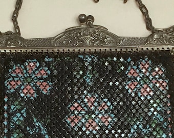 Art Deco Mandalian MFG. Co Enameled Mesh with Floral Print Purse