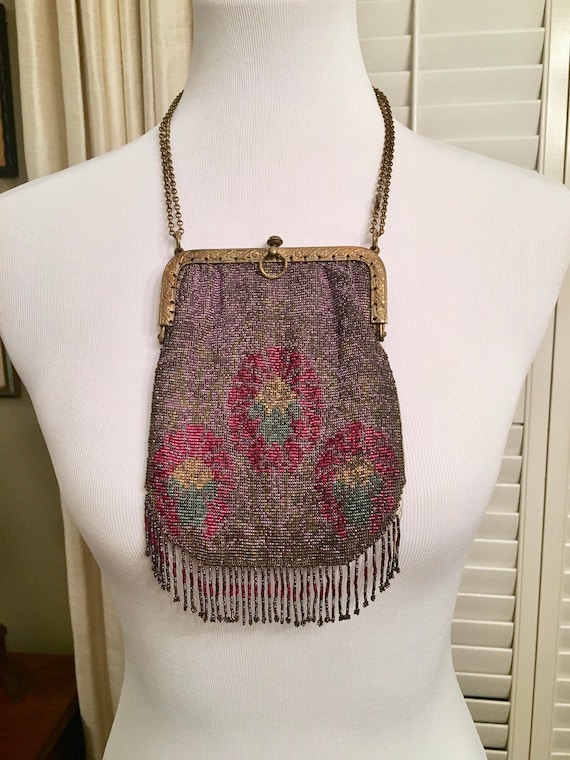 Art Deco French Beaded Mesh Floral Print Purse