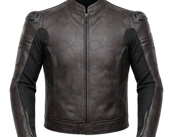 Giacca da motociclista vintage in pelle marrone scuro da uomo, stile Cafe Racer, con protezioni.