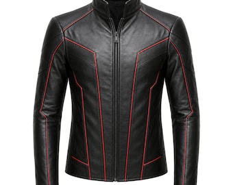 Modern Black Leather Jacket Men Red Trim Slim Fit Handmade Casual Outerwear Winter Gift