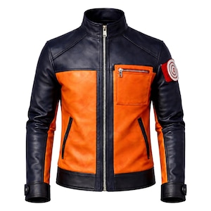 Leaf Village ninja anime leren jas, oranje zwart biker-cosplaykostuum