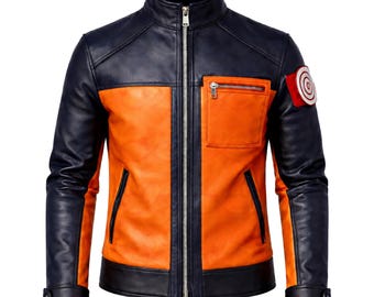 Leaf Village Ninja Anime Leather Jacket, Orange Black Biker Cosplay Costume