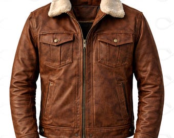 Giacca da uomo in pelle marrone effetto invecchiato con colletto in montone, stile biker/aviatore.