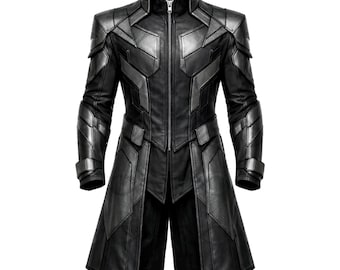 Cappotto in pelle futuristico, abbigliamento tecnico ispirato al cyberpunk, giacca lunga distopica con armatura distopica.
