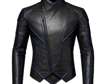 Black Leather Biker Jacket Men Motorcycle Rider Jacket Blue Trim Handmade Outerwear Gift