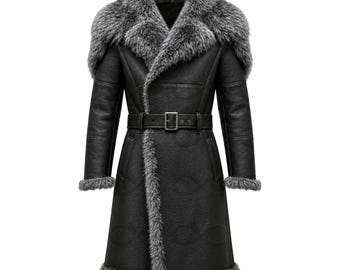 Viking Fur Leather Coat Men Black Norse Warrior Long Coat Faux Fur Winter Trench Medieval LARP Cosplay Viking Jacket