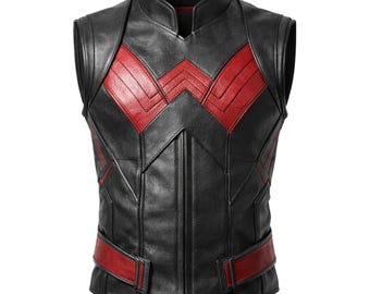 Wonder Leather Vest, Black Superhero Vest, Cosplay Biker Style Vest, Men’s Costume Vest, Comic Con Outfit