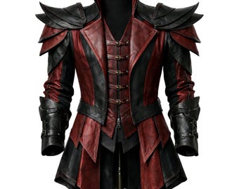 Cappotto da vampiro gotico, cappotto in pelle rosso e nero, costume cosplay in stile armatura medievale, abito steampunk vittoriano