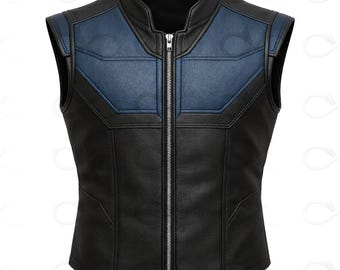 Gilet tattico futuristico in pelle, stile cyberpunk cosplay, nero e blu, stile biker techwear.