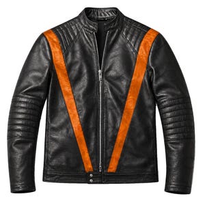 May include: Black leather jacket with orange stripes on the shoulders and front. The jacket has a stand-up collar, a full-length zipper, and quilted detailing on the shoulders and sleeves. A stylish and edgy outerwear piece.
