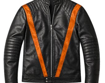 Hurry Up Tomorrow The Weeknd Leather Jacket, Black Orange V Stripe Biker Jacket, Celebrity Inspired Streetwear Jacket Men
