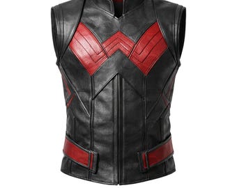 Gilet in pelle Wonder, gilet da supereroe nero, gilet stile motociclista per cosplay, gilet da uomo per costume, outfit per Comic Con