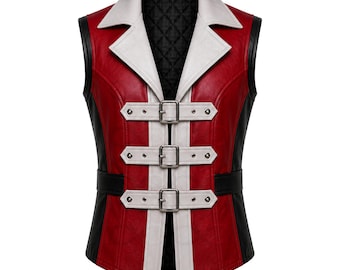 Men’s Red & White Buckle Leather Vest Gothic Biker Cosplay Waistcoat