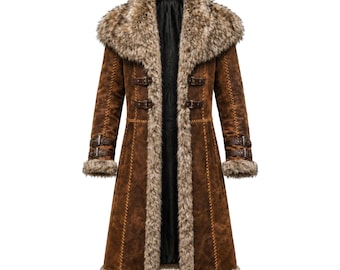 Handmade Viking Warrior Faux Fur Suede Leather Coat Men, Medieval Norse Long Coat, Ragnar LARP Cosplay Fur Trim Winter Coat