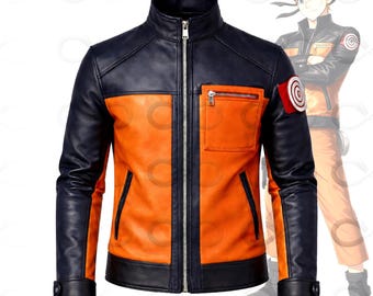 Giacca in pelle da ninja del Villaggio della Foglia, costume da motociclista arancione e nero per cosplay.